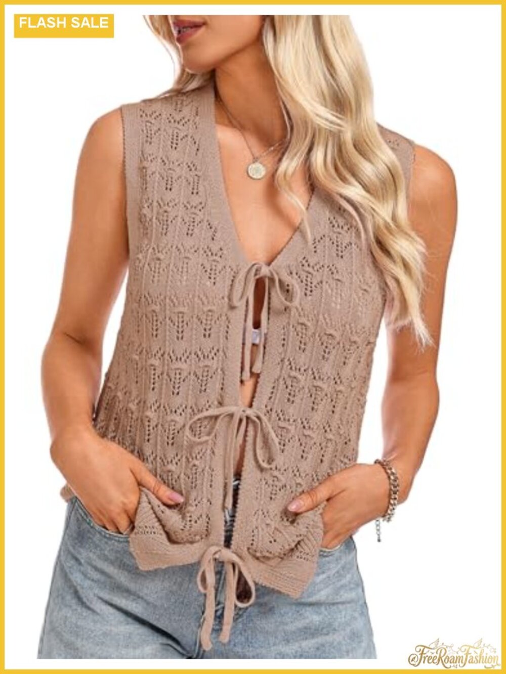 Womens Crochet Vest Sleeveless Boho Tie Front Cover Up